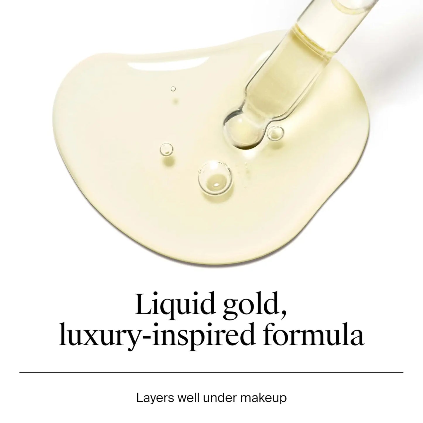 Close-up of a makeup product with 'Liquid gold, luxury-inspired formula' text on a white background