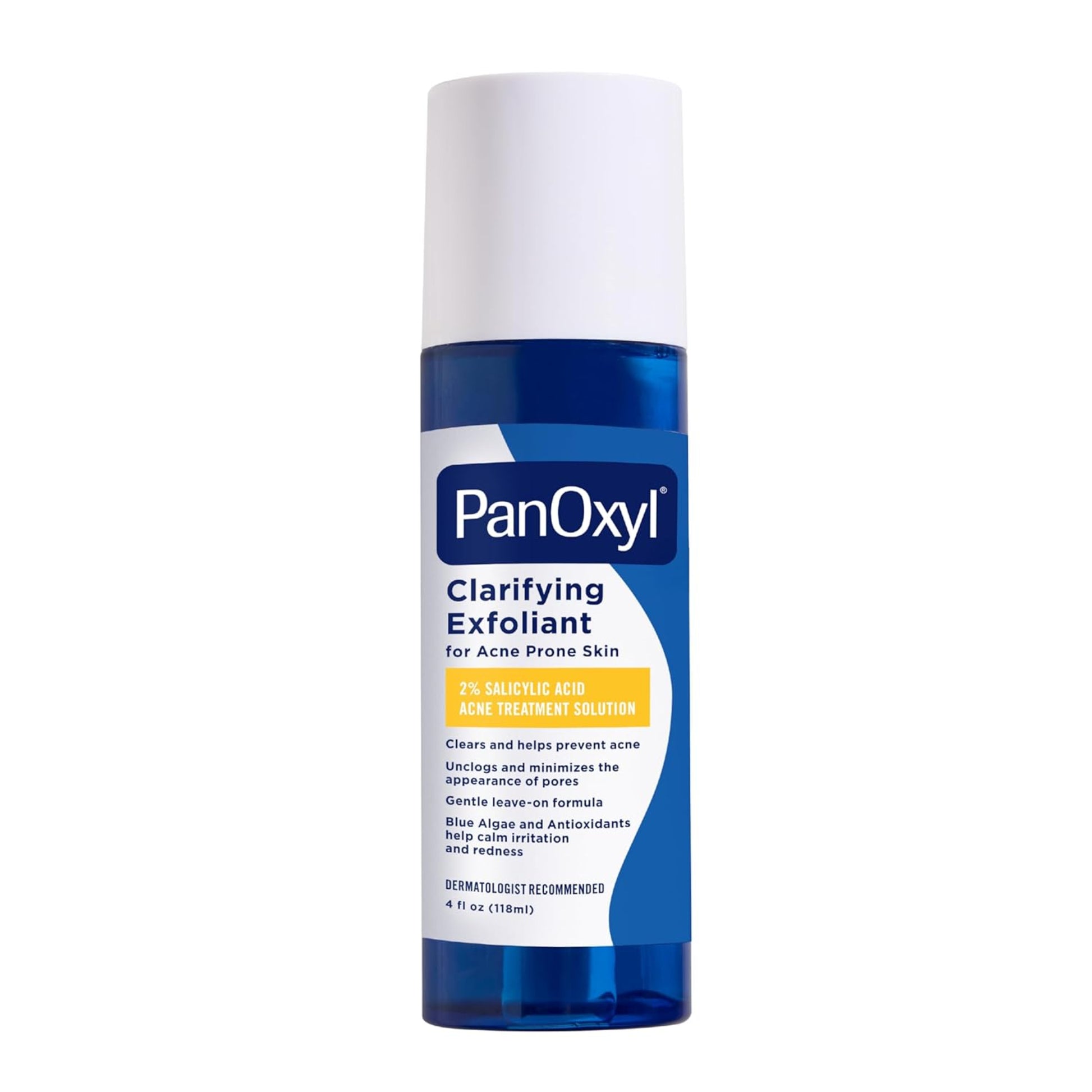 PanOxyl clarifying exfoliant bottle on a white background