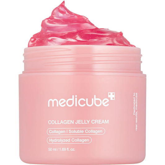 Pink jar of Medicube Collagen Jelly Cream with pink cream on top