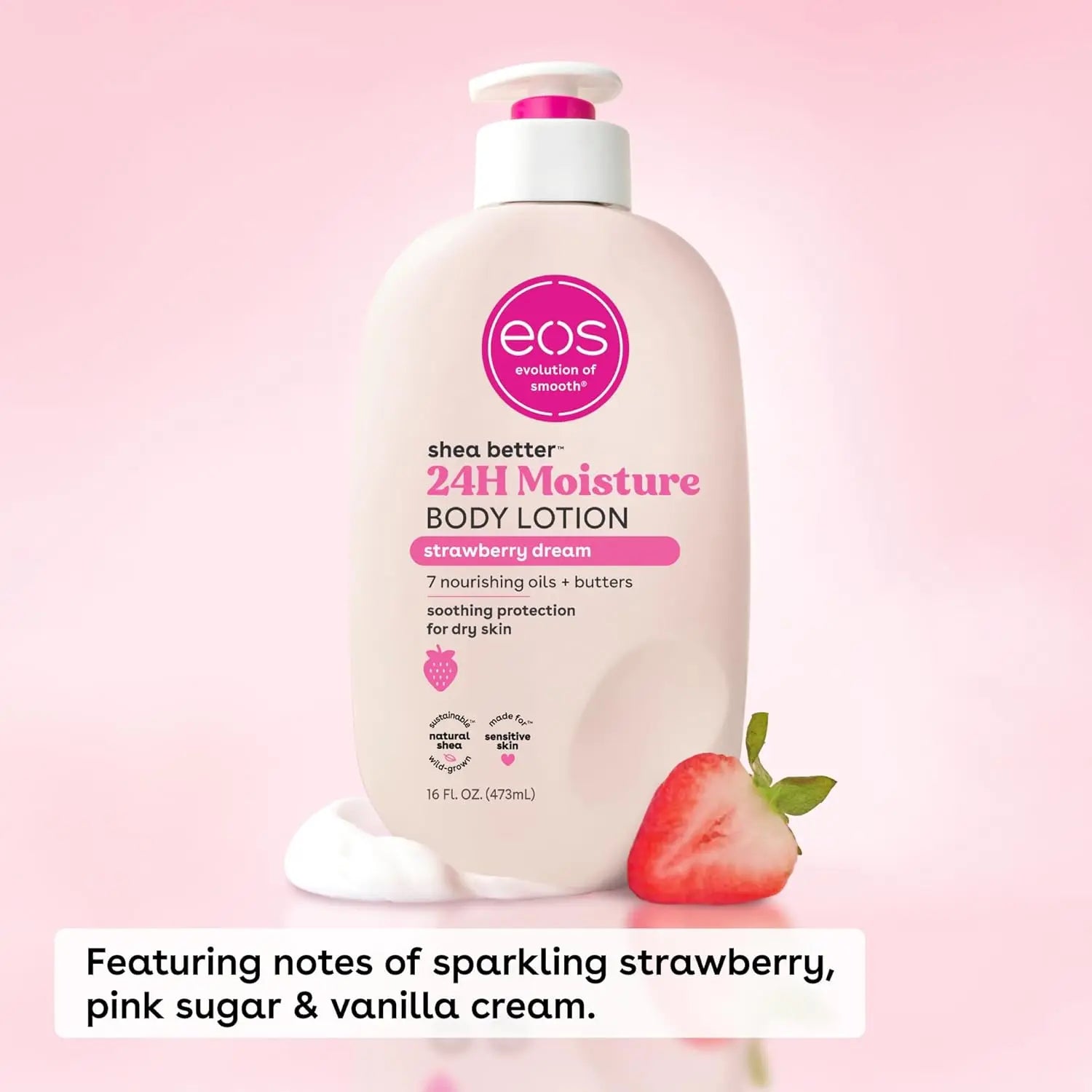 eos strawberry dream body lotion on a pink background