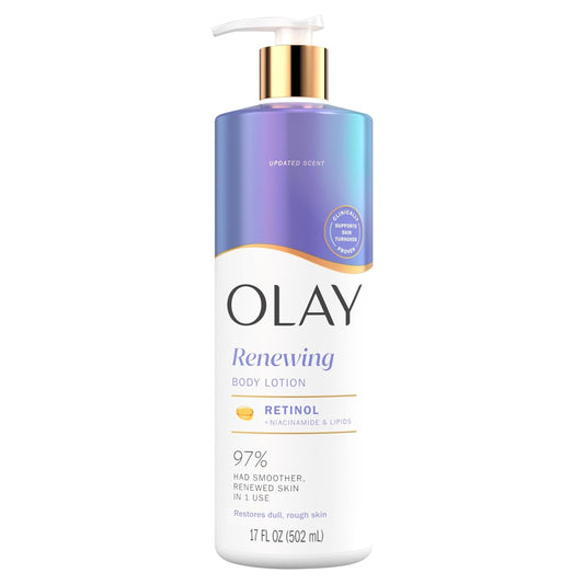 Olay Renewing body lotion bottle on a white background