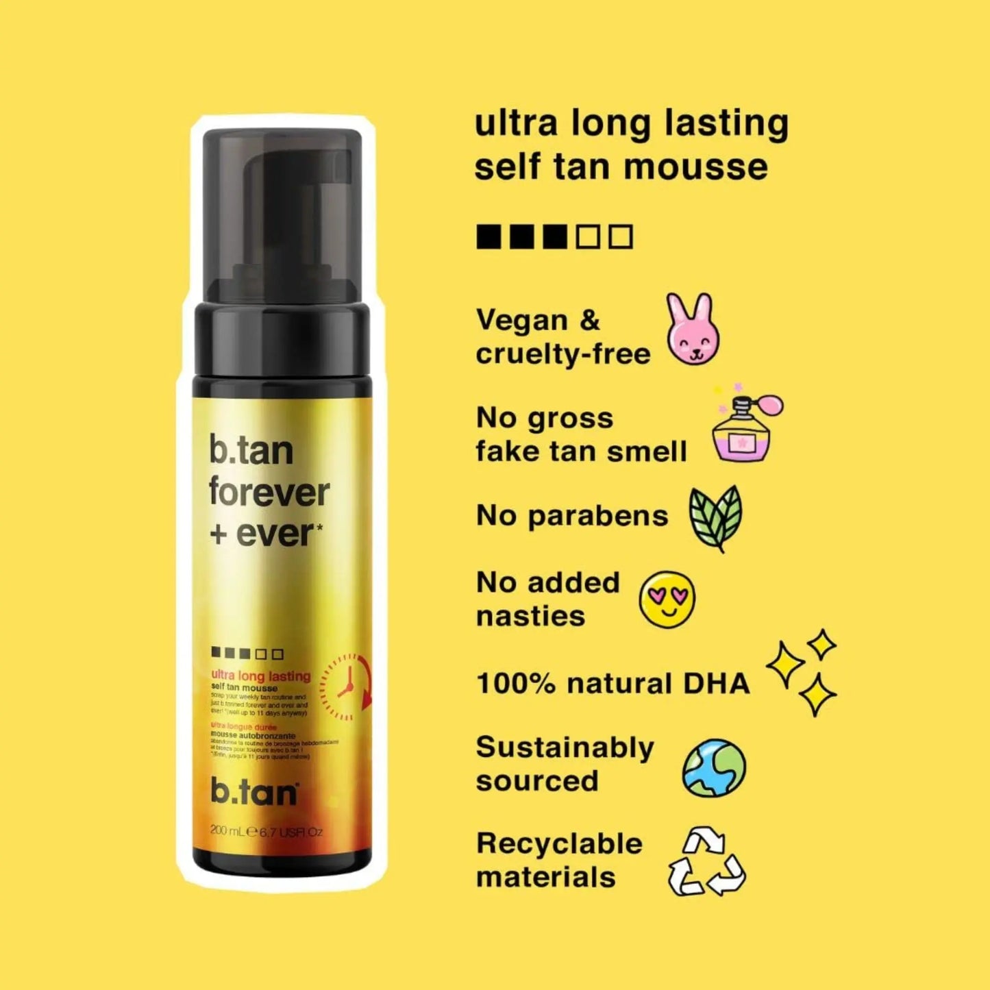 b.tan forever + ever self tan mousse bottle with product features on a yellow background