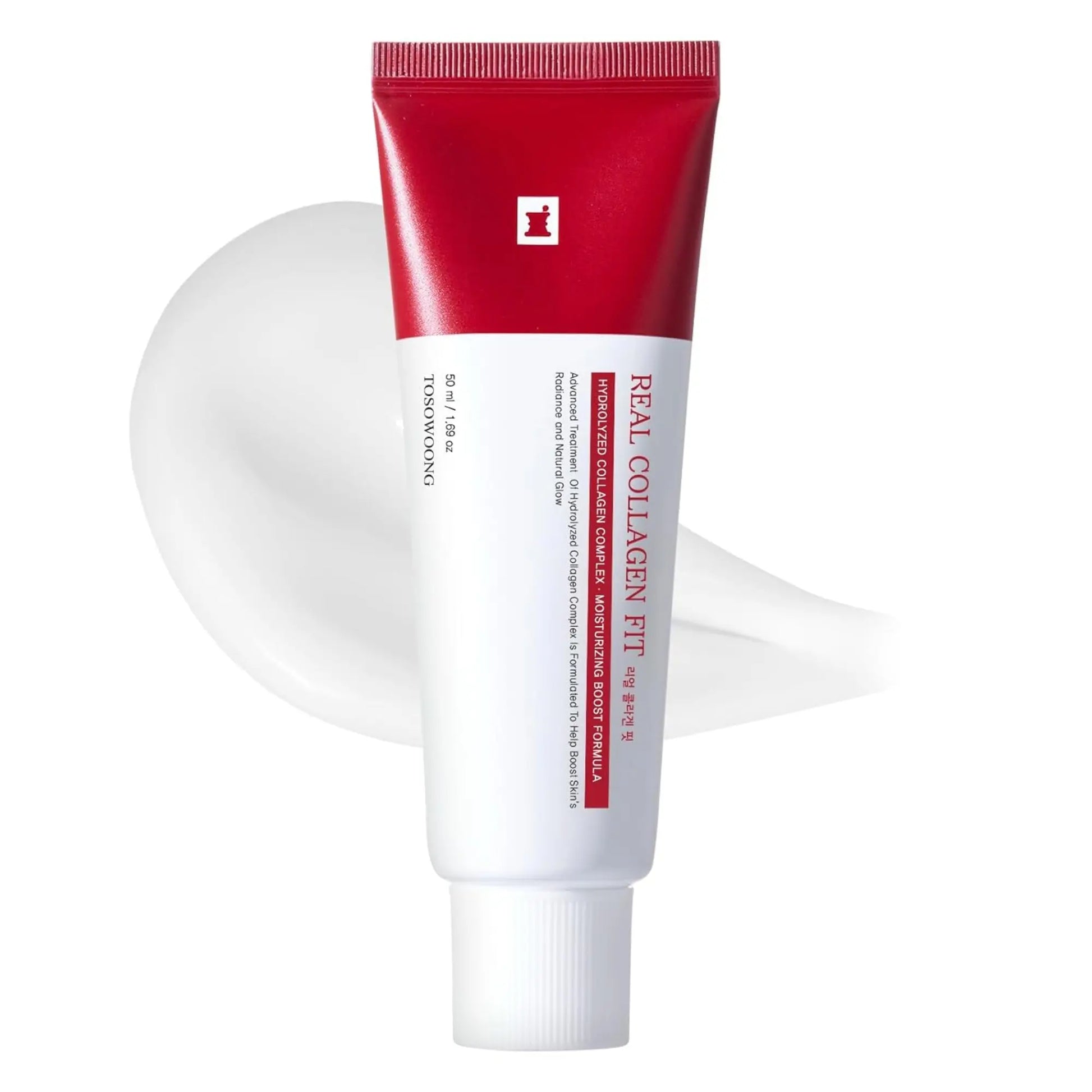 Red and white tube of Real Collagen Fit on a white background