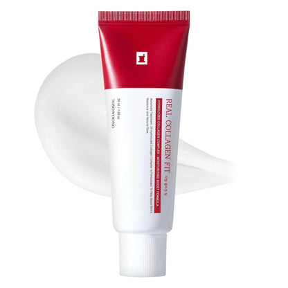 Red and white tube of Real Collagen Fit on a white background