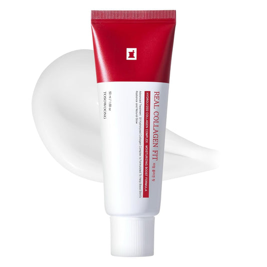Red and white tube of Real Collagen Fit on a white background