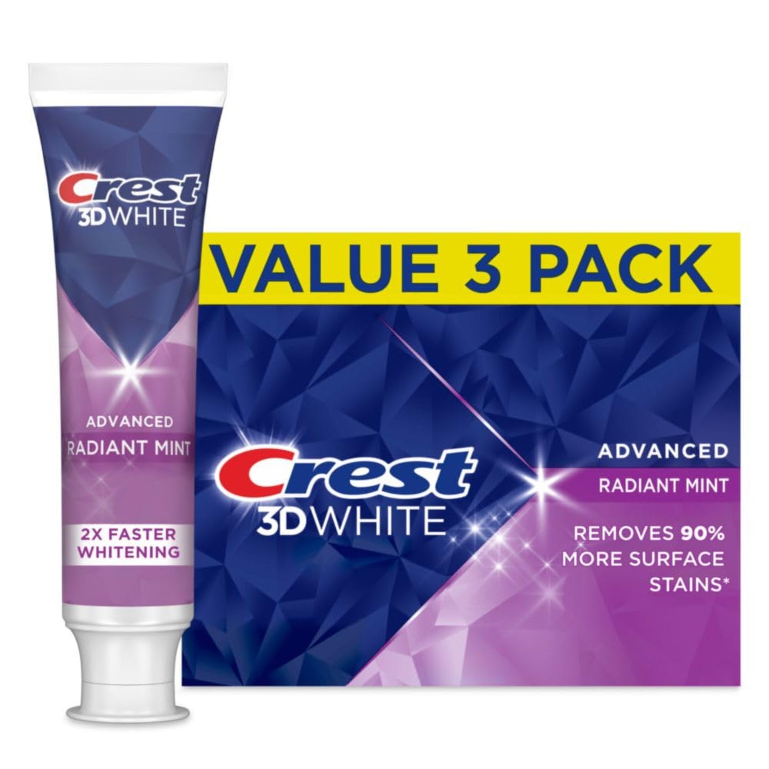 Crest 3D White toothpaste tube and packaging with 'Value 3 Pack' text on a white background