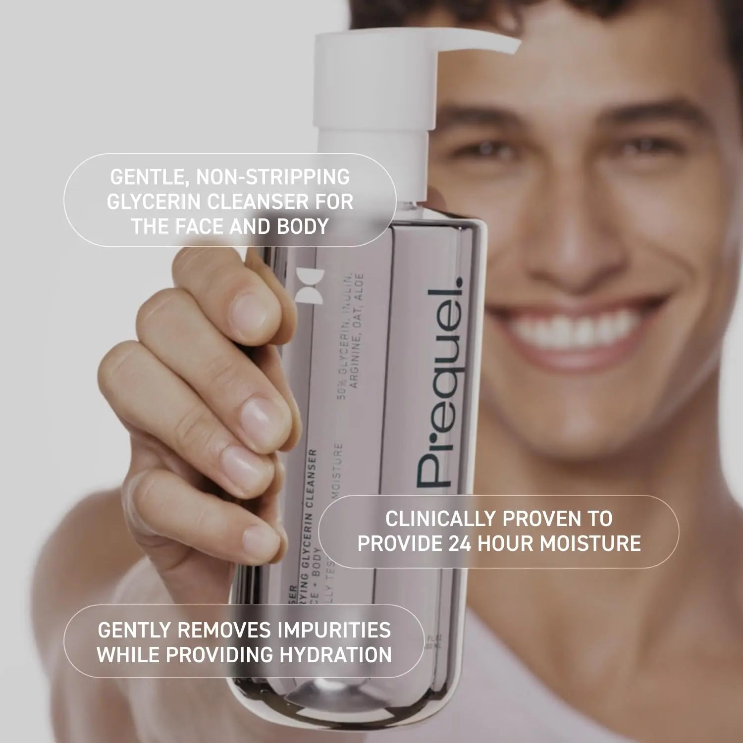Person holding a Prequel cleanser bottle with product details on a blurred background