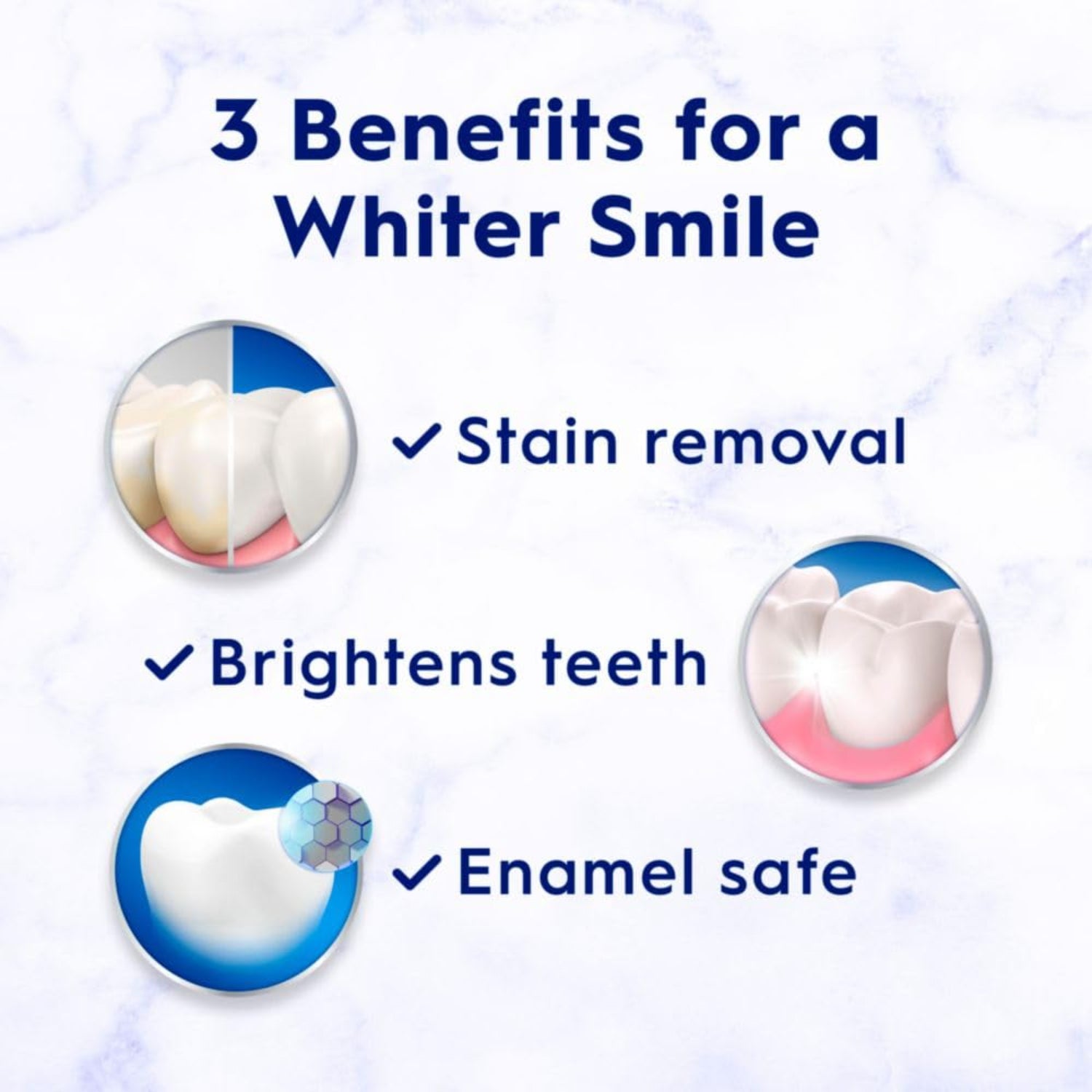 Three benefits for a whiter smile with images of teeth and text on a light blue background.