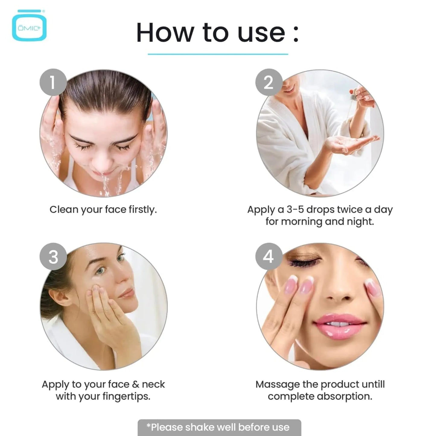 Instructions on how to use a skincare product with step-by-step illustrations and text.