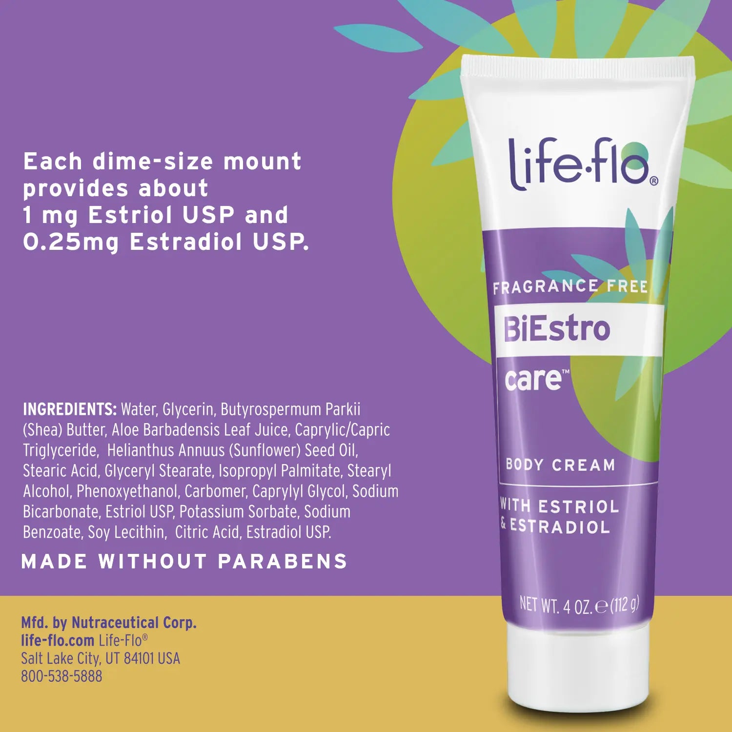 Life-flo BiEstro body cream tube with purple label on a colorful background
