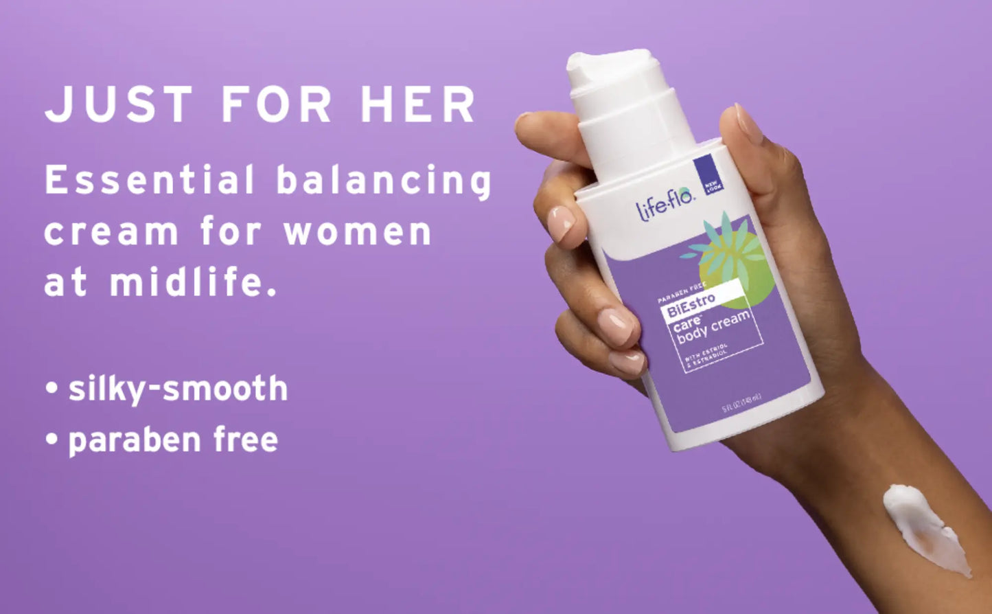 Hand holding a bottle of 'lifefit' cream with text on a purple background