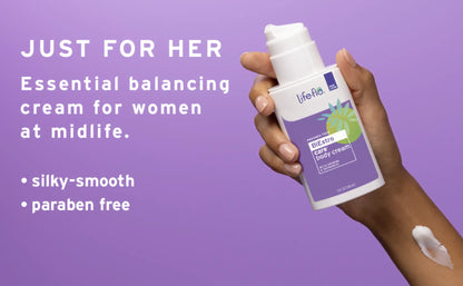 Hand holding a bottle of 'lifefit' cream with text on a purple background