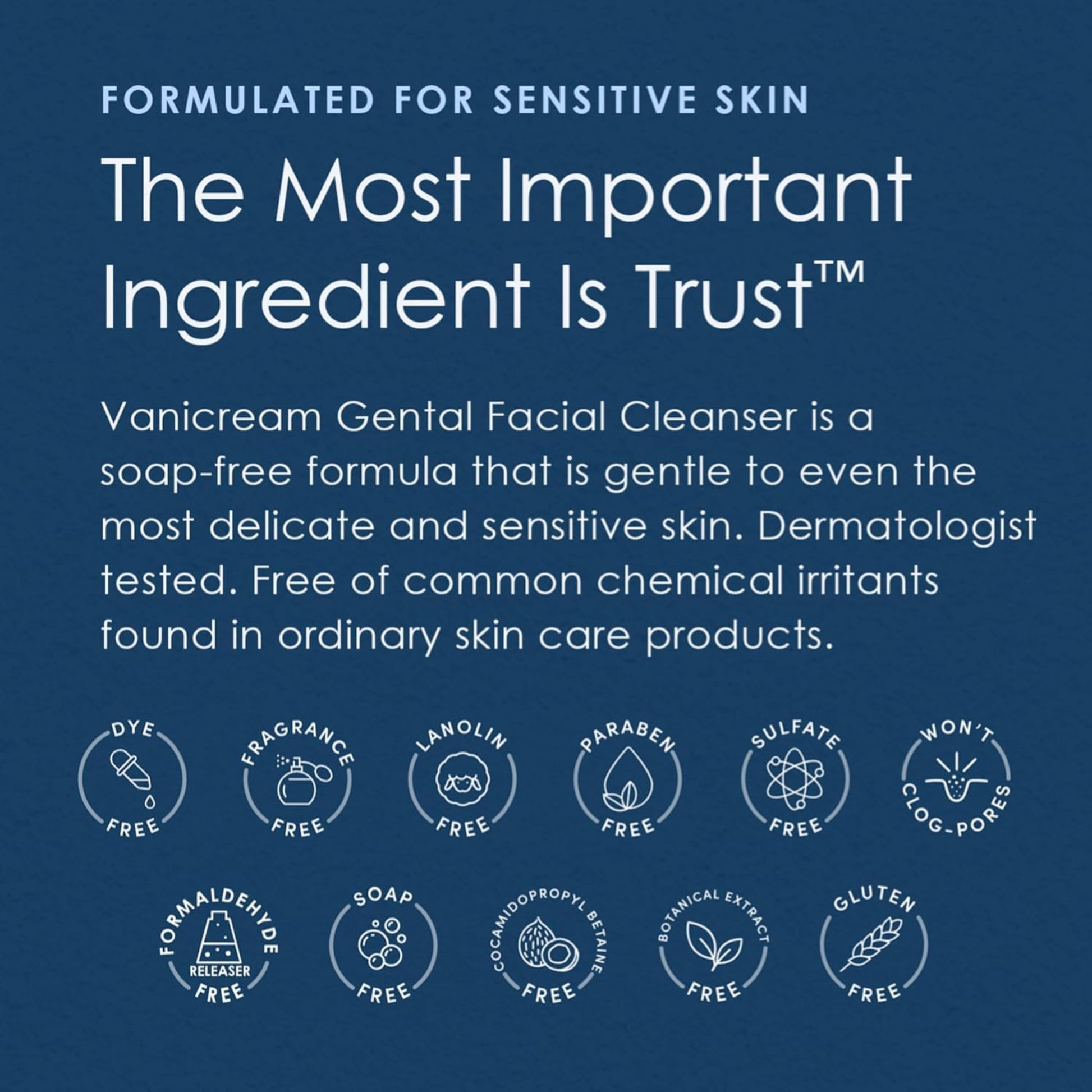 Promotional text for Vanicream Gental Facial Cleanser on a blue background with icons indicating free ingredients.