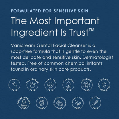 Promotional text for Vanicream Gental Facial Cleanser on a blue background with icons indicating free ingredients.