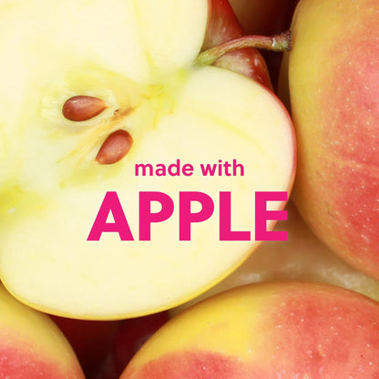 Close-up of a sliced apple with seeds visible, surrounded by whole apples, with text 'made with APPLE' in pink.