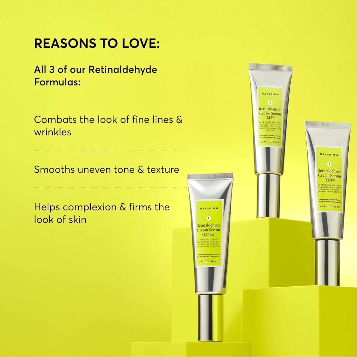 Three skincare serum tubes on a yellow background with text about retinol formulas.