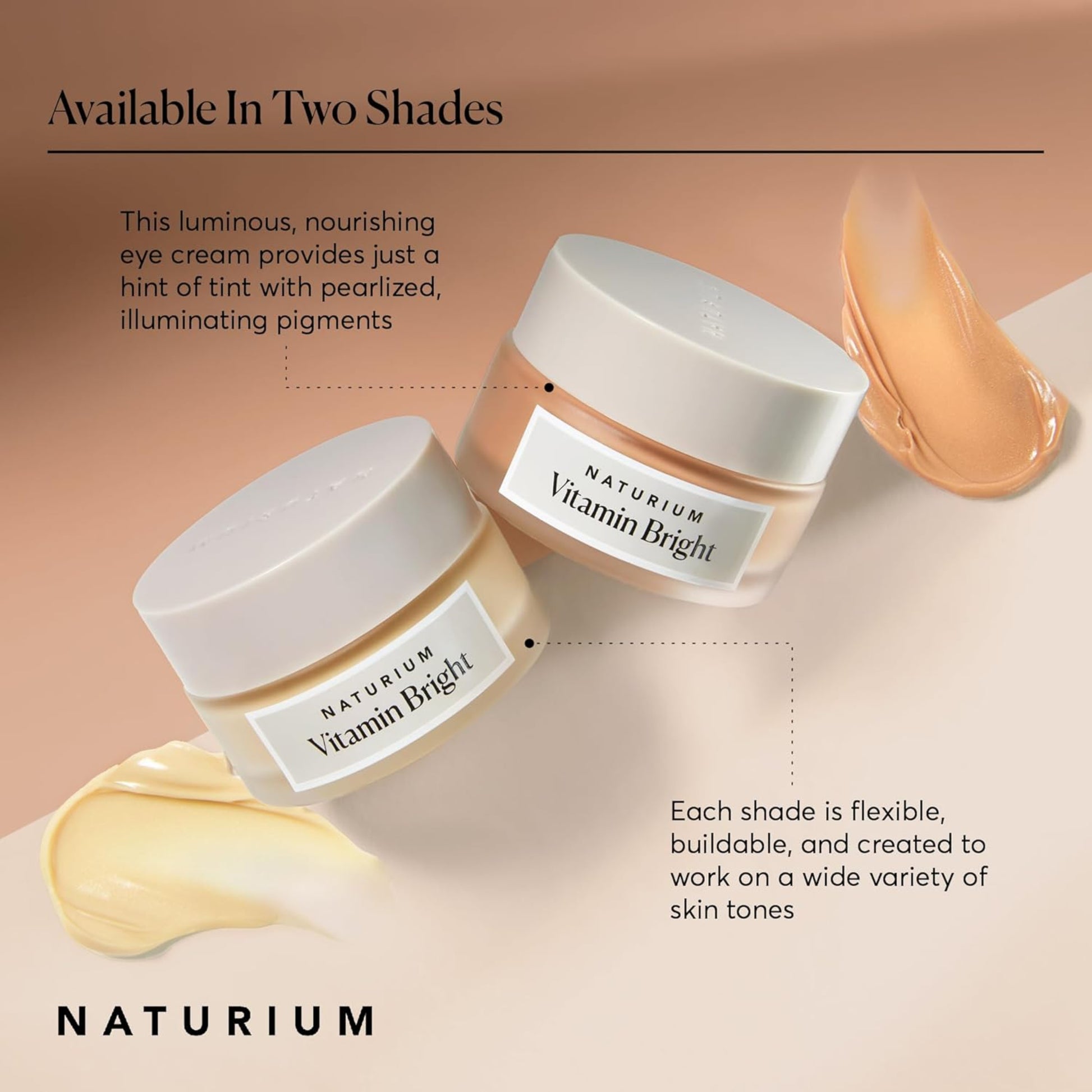 Two jars of Naturium Vitamin Bright eye cream with a swatch on a beige background.