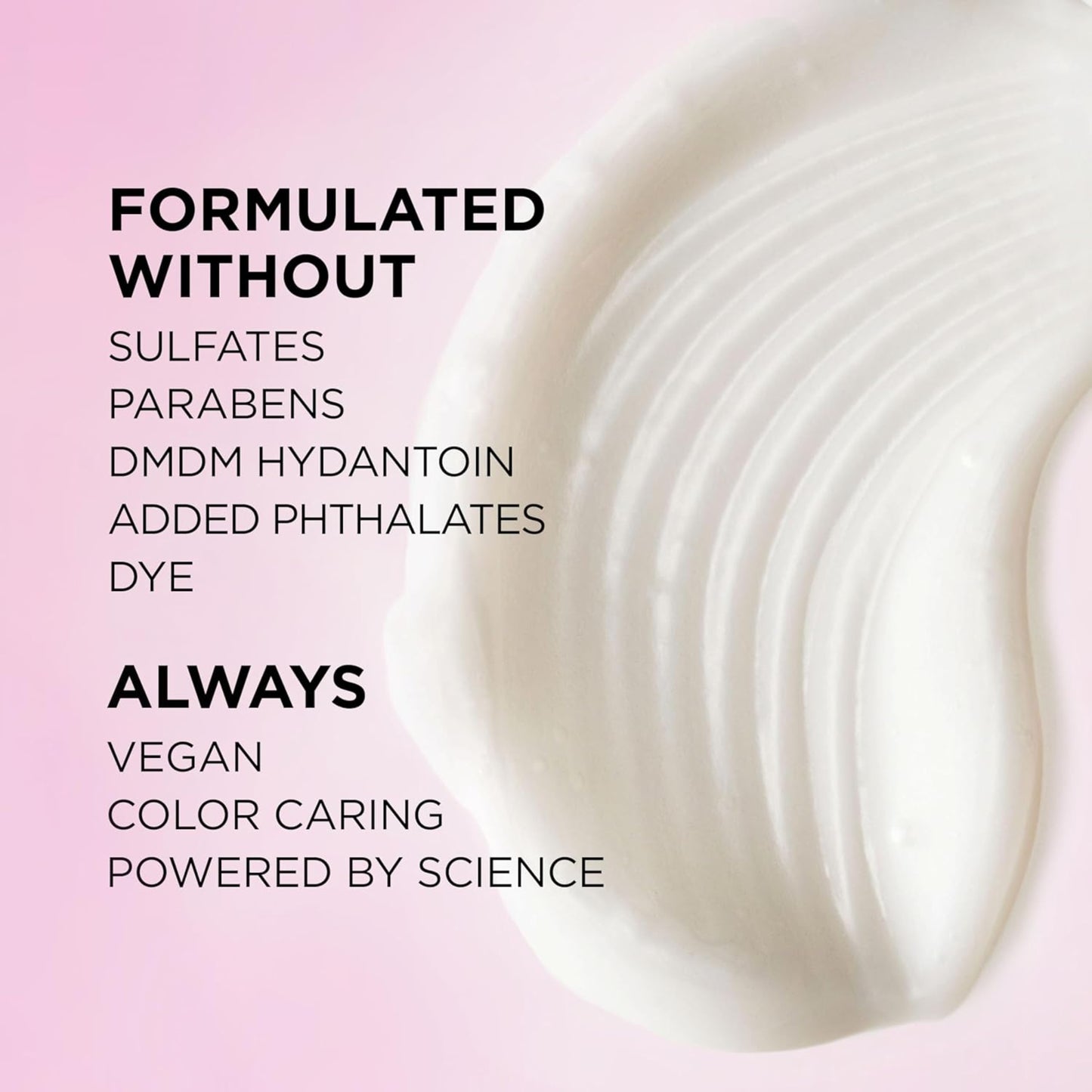 Cosmetic product with text highlighting ingredient-free formula on a pink background