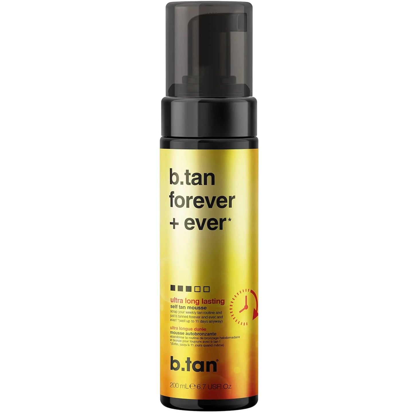 B.tan forever + ever tanning foam bottle on a white background