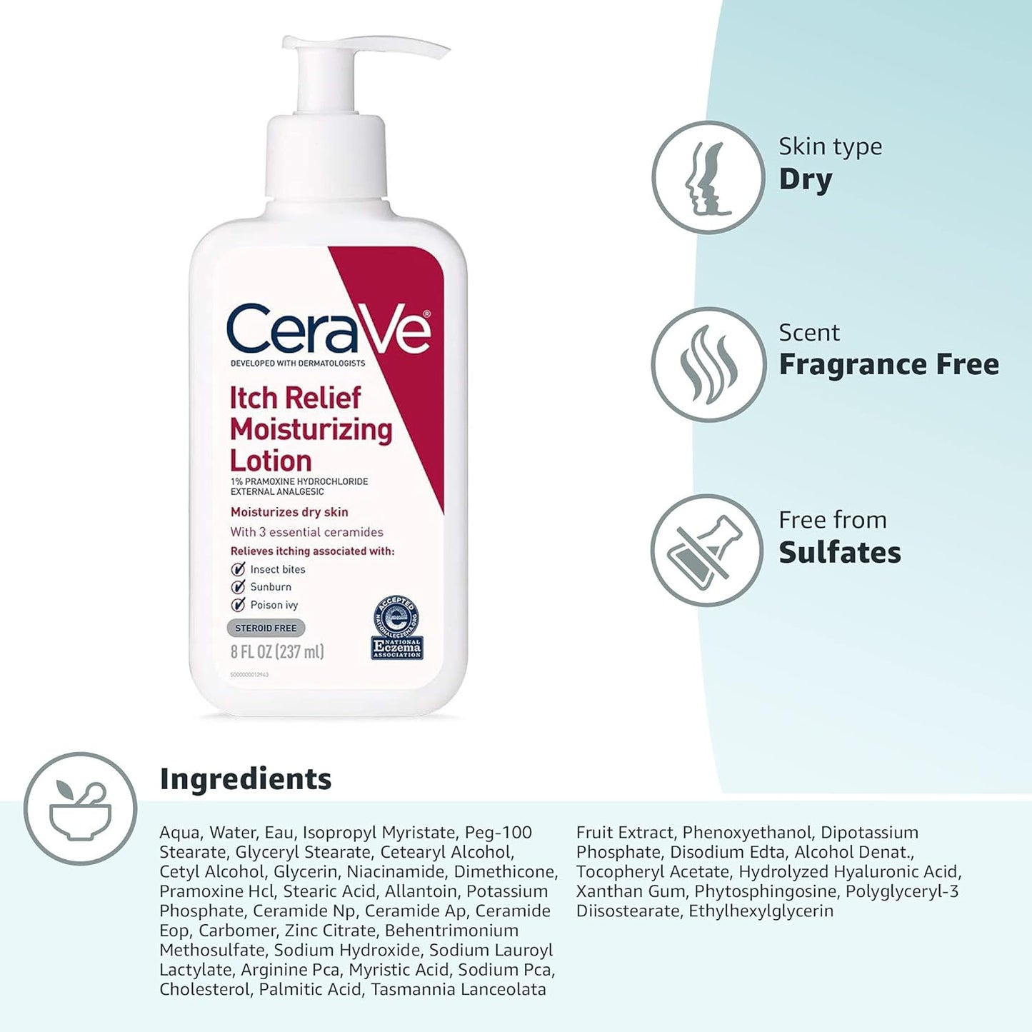 CeraVe, Loción hidratante antipicazón con clorhidrato de pramoxina, 237 ml (8 oz) 