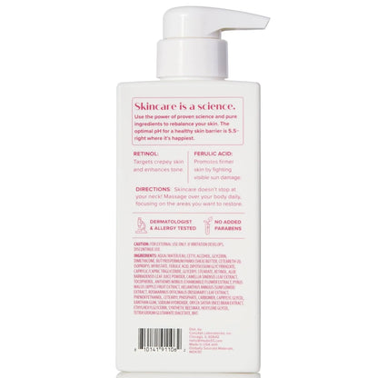 Skincare product bottle with pump and text on a white background
