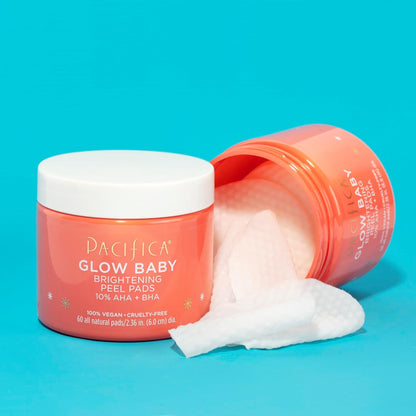 Pacifica Glow Baby facial pads on a blue background