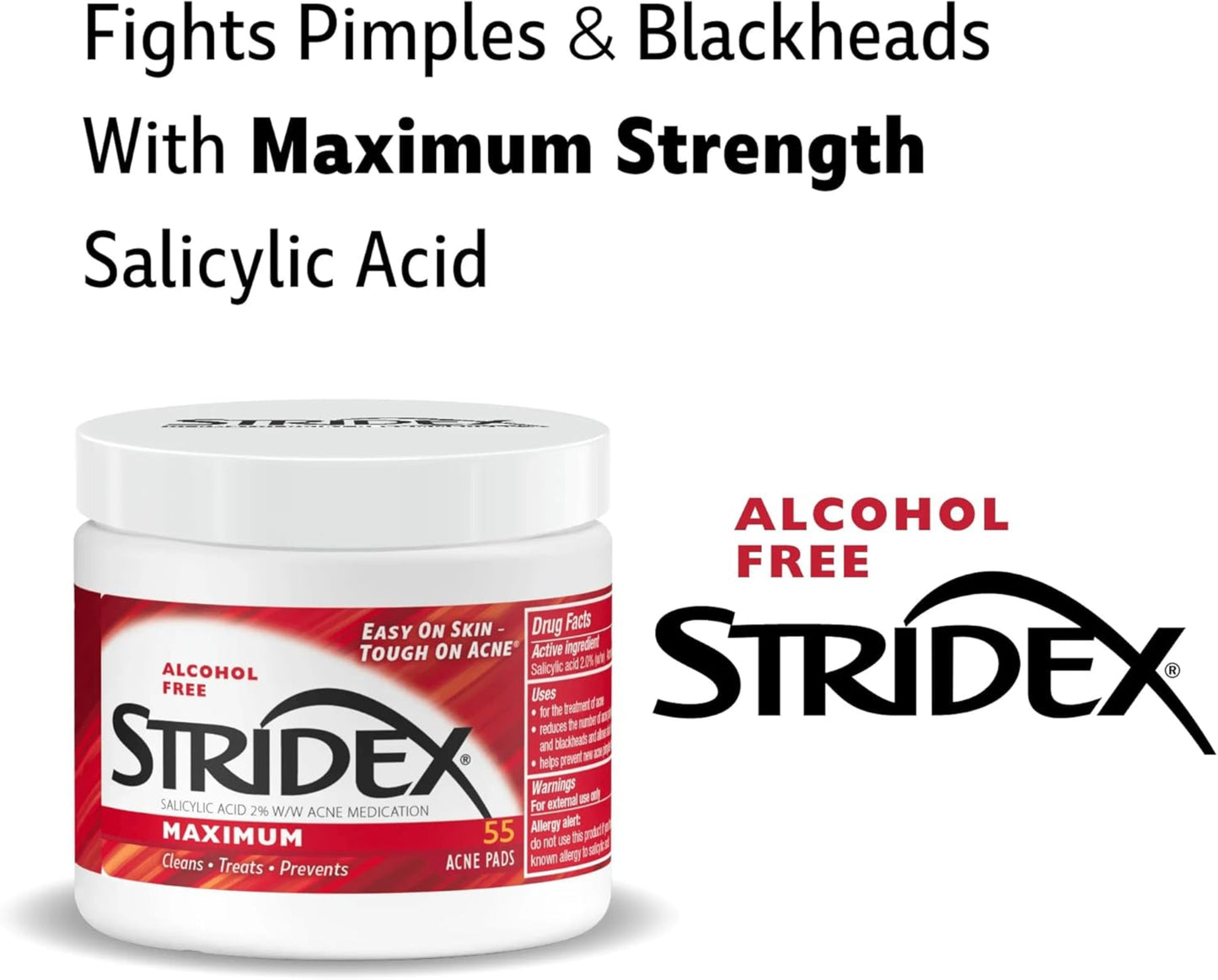 Stridex Maximum Strength acne pad container with text about fighting pimples and blackheads.