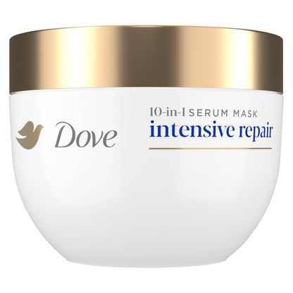 Dove intensive repair serum mask jar with gold lid on a white background