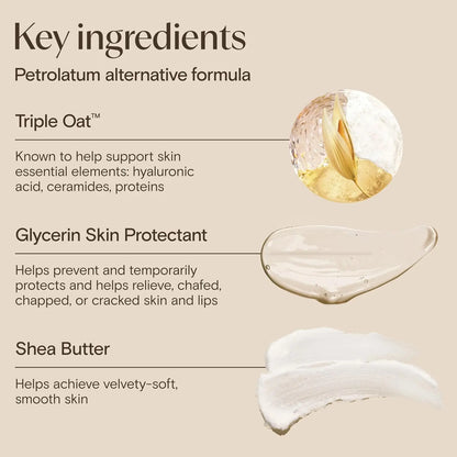 Product label detailing key ingredients with images and text on a beige background