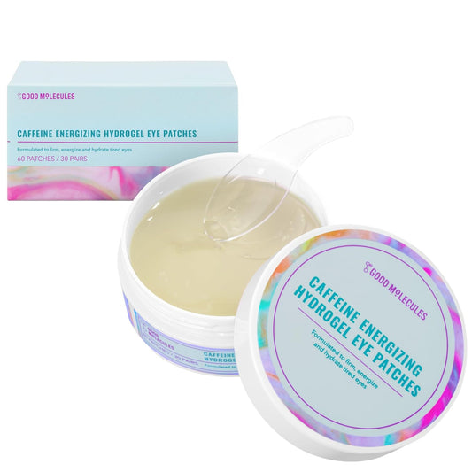Caffeine energizing hydrogel eye patches with packaging on a white background