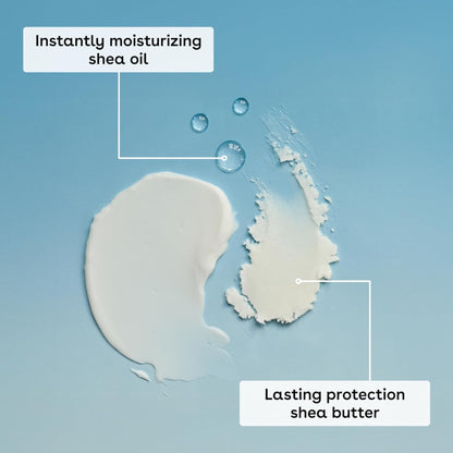 Shea oil and shea butter on a blue background with text indicating moisturizing and protection properties.