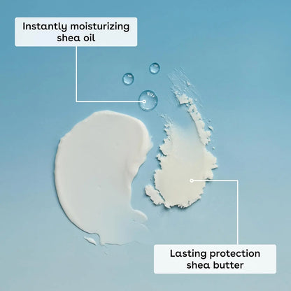 Shea oil and shea butter on a blue background with text indicating moisturizing and protection properties.