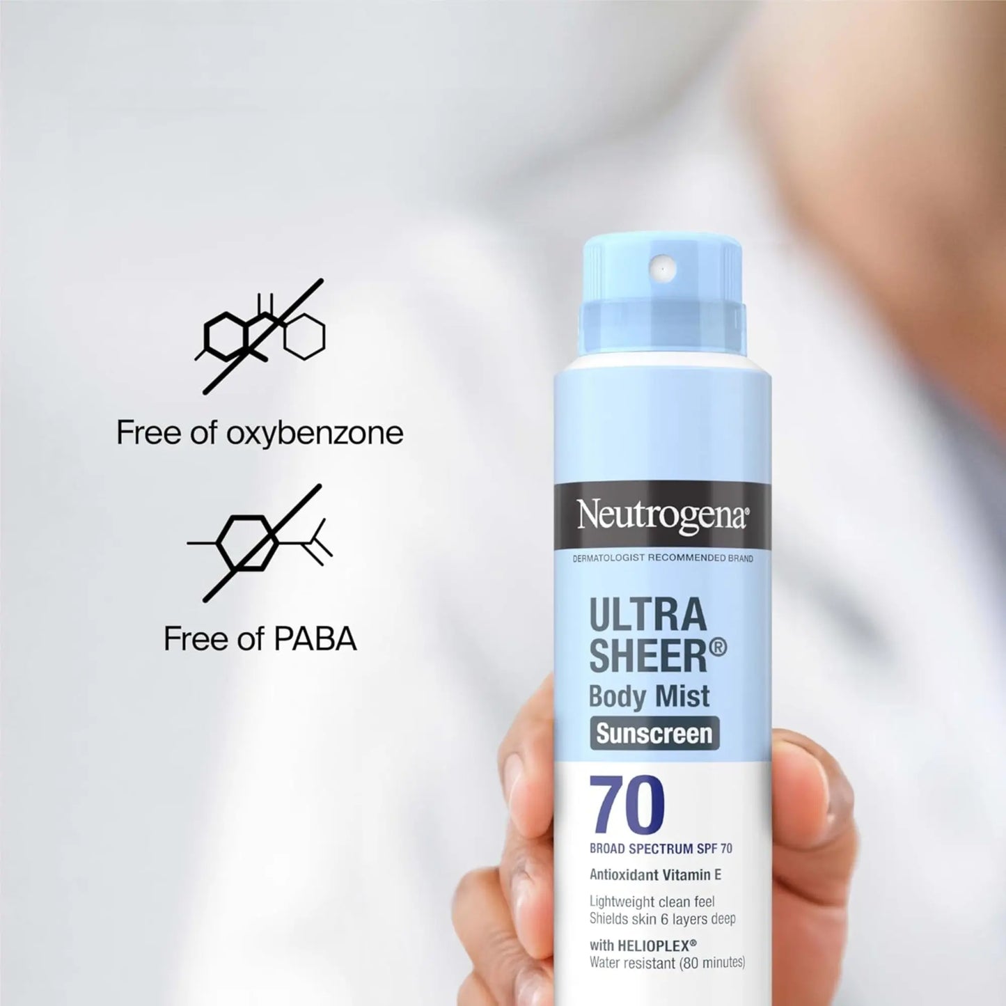 Neutrogena Ultra Sheer Body Mist Sunscreen with branding and product details on a light gray background.