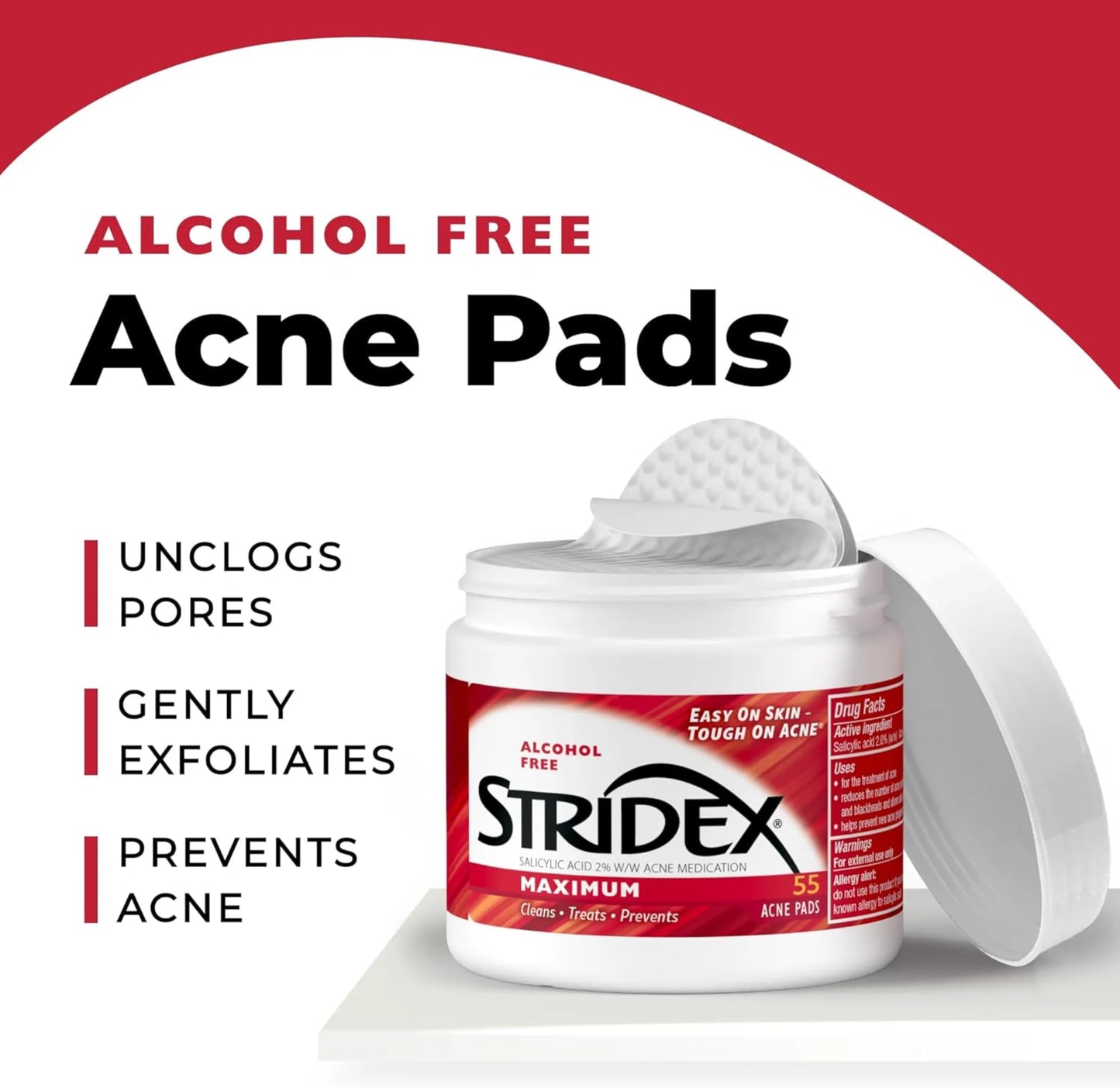 Stridex alcohol-free acne pads packaging with text highlighting benefits on a white and red background
