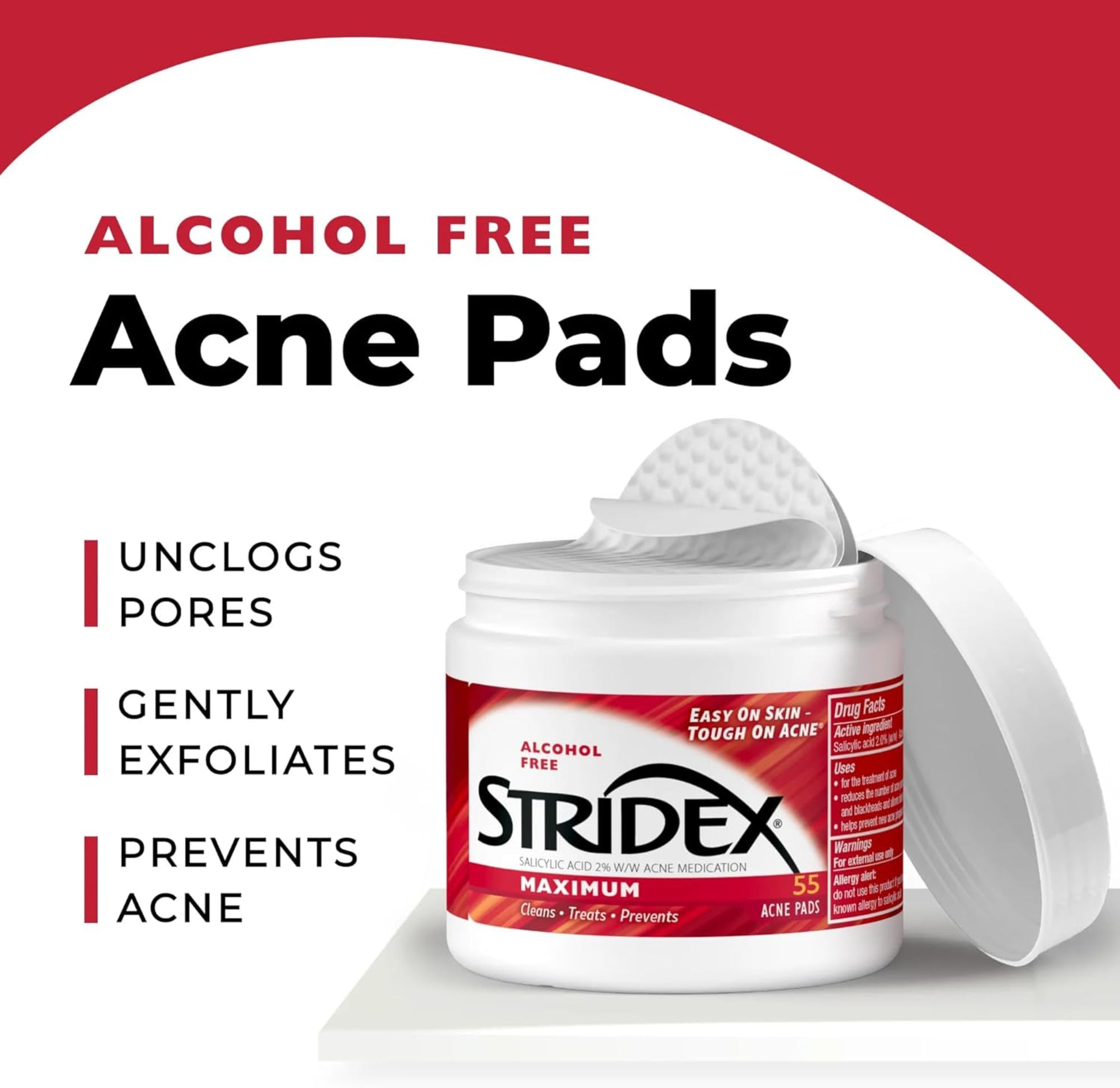 Stridex alcohol-free acne pads packaging with text highlighting benefits on a white and red background