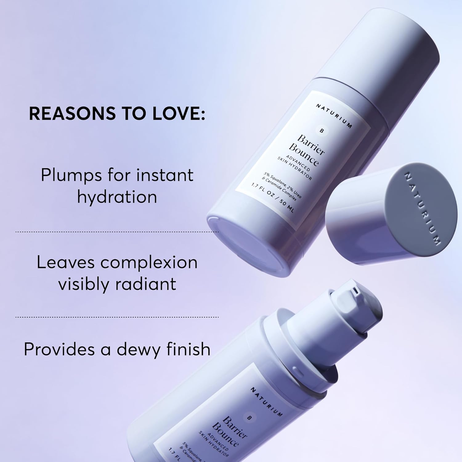 Two skincare bottles with text on a light purple background