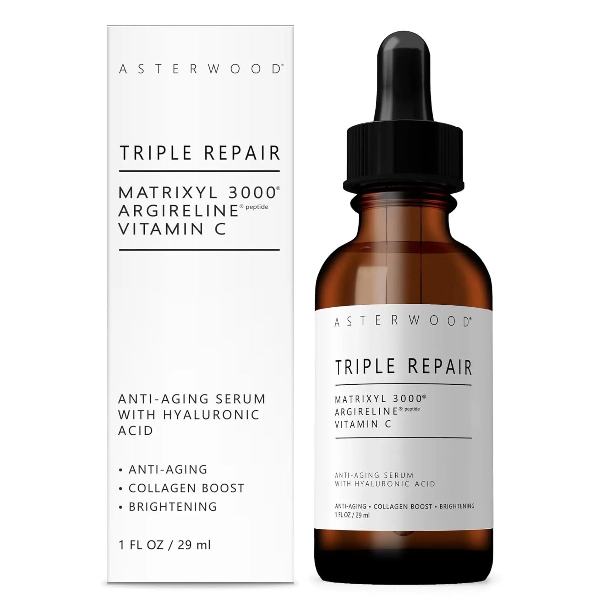Asterwood Triple Repair serum bottle and packaging on a white background