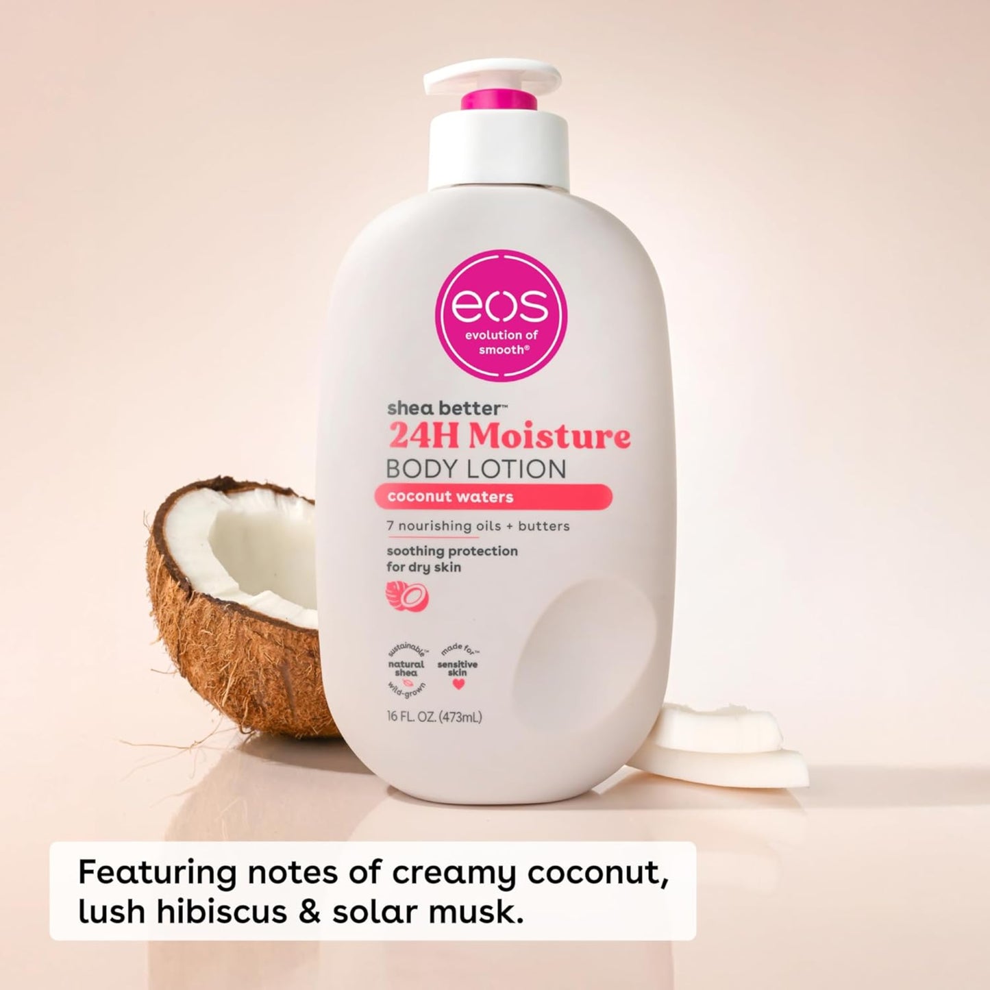 eos 24-hour moisture body lotion with a coconut next to it on a beige background
