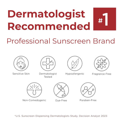 Dermatologist Recommended professional sunscreen brand with icons and text on a white background