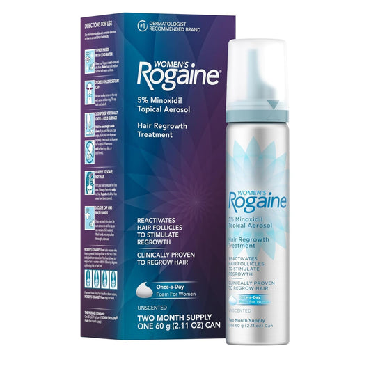 Packaging of Rogaine WOMEN 5% Minoxidil Foam, including the box and the foam container, with information about hair loss treatment and re growth.