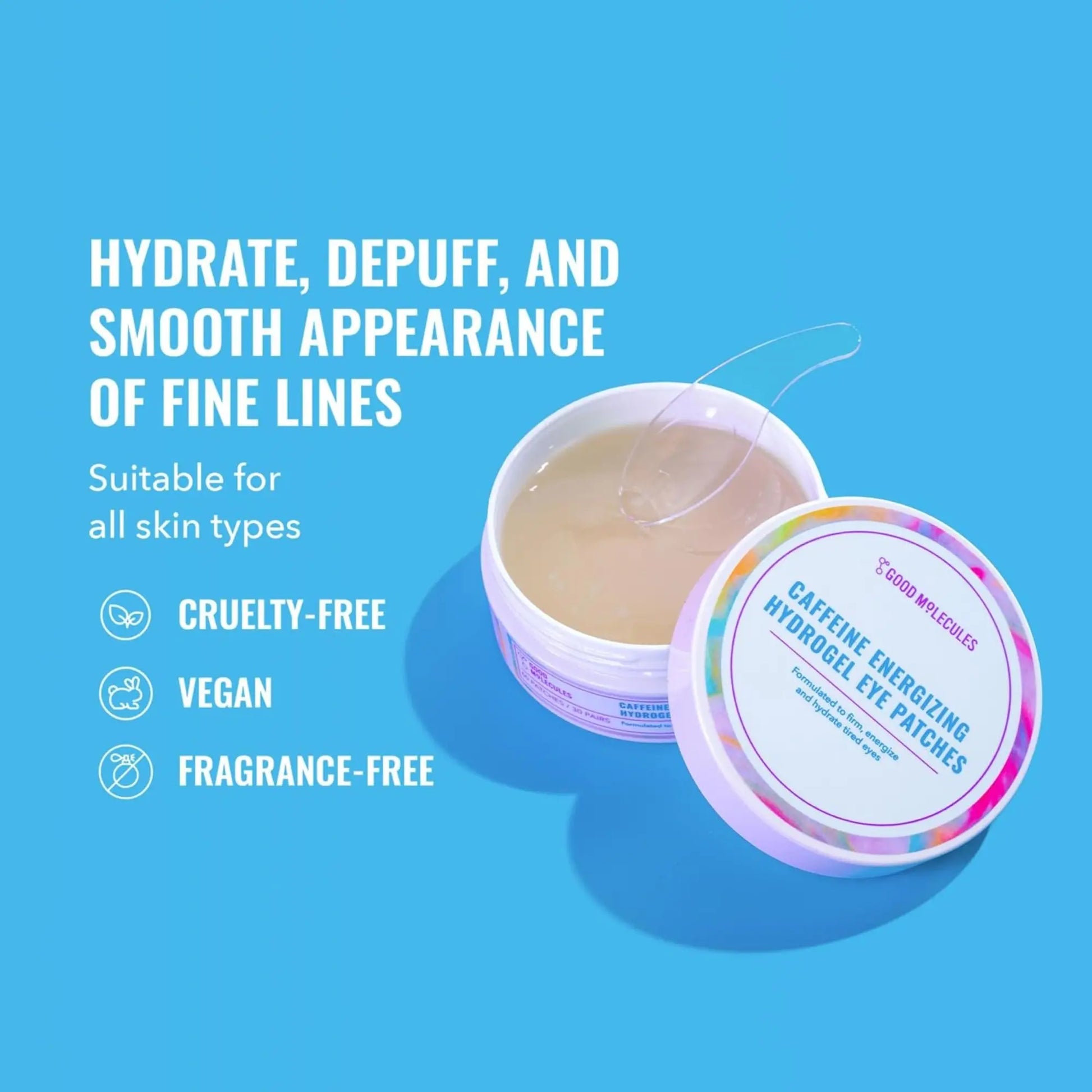 Caffeine energizing hydrogel eye patches with product container on a blue background
