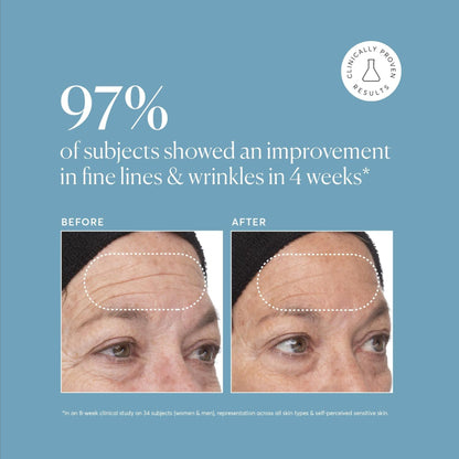 Before and after skin improvement results with text on a blue background