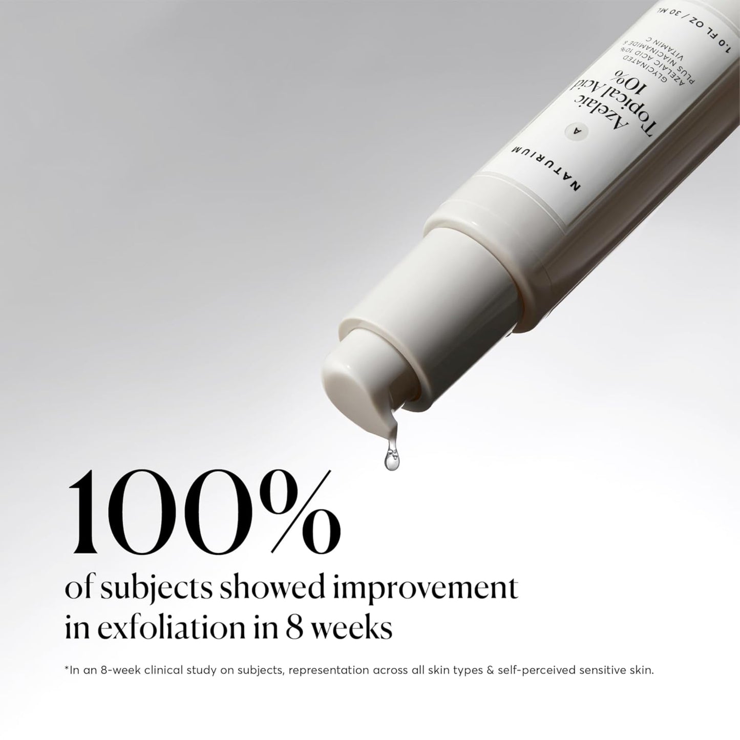 Skincare product with text claiming 100% improvement in exfoliation for subjects in 8 weeks.