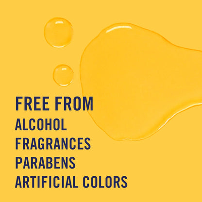 Yellow background with text 'Free from Alcohol, Fragrances, Parabens, Artificial Colors' on a yellow background.