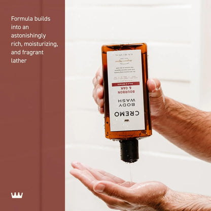 Hand holding a bottle of Cremo bourbon body wash with text about its benefits.