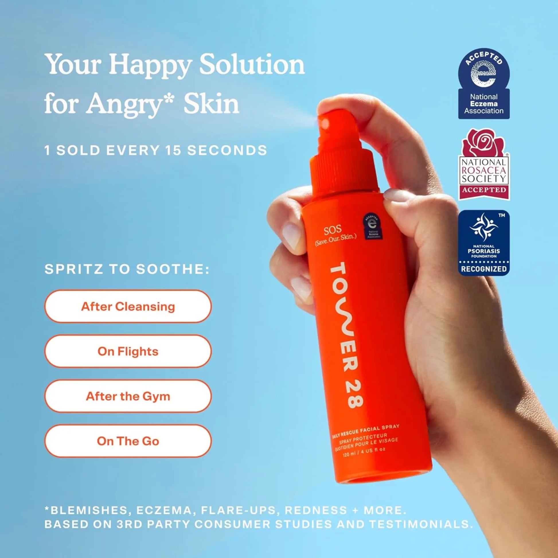 Orange spray bottle labeled 'Tower 28' held by a hand against a blue background with product usage tips.