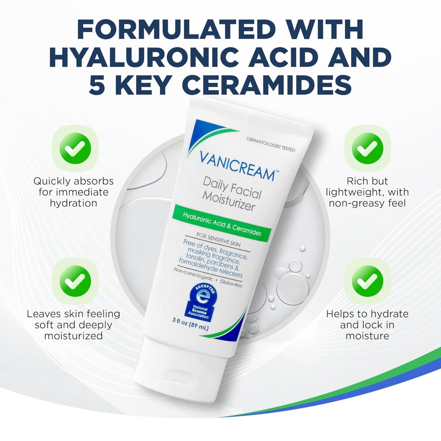 Vanicream Daily Facial Moisturizer with hyaluronic acid and ceramides on a white background