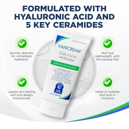 Vanicream Daily Facial Moisturizer with hyaluronic acid and ceramides on a white background