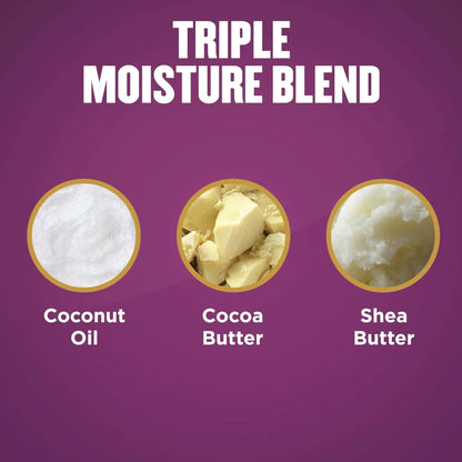 Triple Moisture Blend with coconut oil, cocoa butter, and shea butter on a purple background