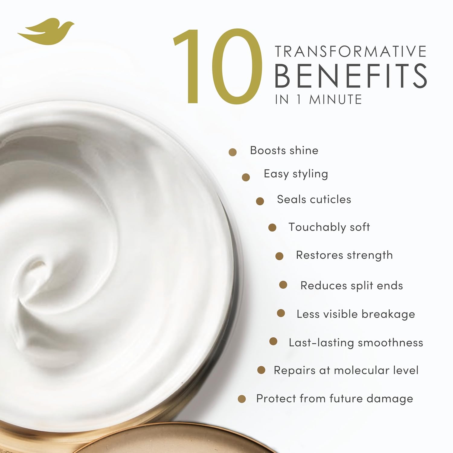 Product with a swirl of white cream and text listing '10 Transformative Benefits in 1 Minute' on a light background.